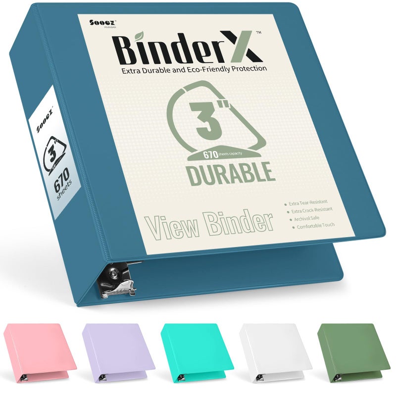 سويز مجلد Sooez BinderX فائق المتانة مقاس 3 بوصات مكون من 3 حلقات، مجلدات كبيرة على شكل حرف D، تحمل 670 ورقة من ورق مقاس 8.5 × 11، غطاء عرض قابل للتخصيص مع جيوب داخلية، غلاف عالي التحمل مكون من 3 حلقات للمدرسة، رمادي أزرق - Image 1